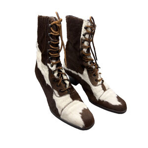 Miu Miu Womens Brown White Block Heel Suede Cowhide Lace Up Mid Calf Boots
